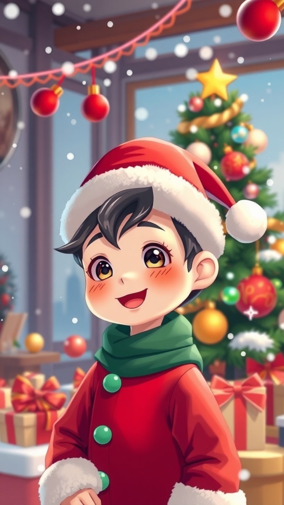 A cheerful Quanxi in a Santa hat with Christmas decorations and a tree in the background.